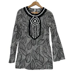 Tory Burch Black & White Leaf Print Tunic Paillettes Size 4